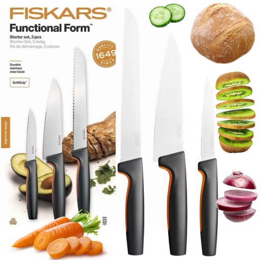 KOMPLET FISKARS 3 NOŻY SZEFA KUCHNI ZESTAW OSTRE PORZĄDNE W PUDEŁKU PREMIUM