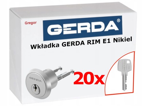 .20 KLUCZY. Wkładka bębenkowa GERDA RIM E1 nikiel do zamka ZN100 +20 kluczy