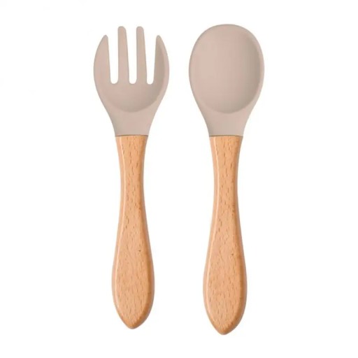 1PCS Baby Wooden Spoon Silicone Wooden Baby Feeding Spoon Organic Soft Tip