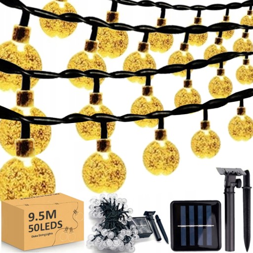 GIRLANDA SOLARNA OGRODOWA LAMPKI SOLARNE ŻARÓWKI 50 LED 9,5M ŁAŃCUCH
