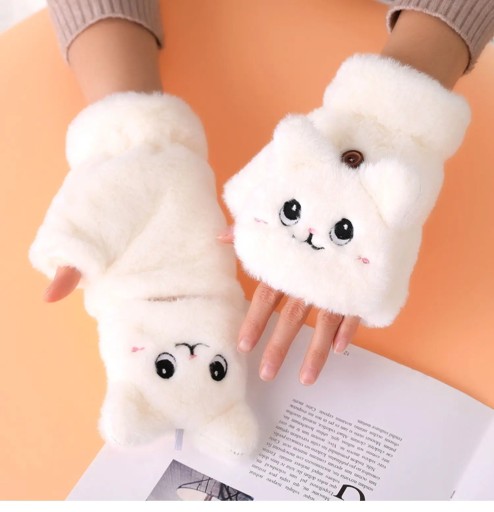 Winter Cat Rabbit Mittens Fingerless Gloves Thick Soft Plush Winter Warm