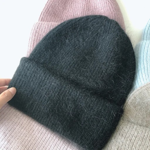 2023 Angora Rabbit Fur Winter Hat for Women Knit Beanies Hat Female Warm