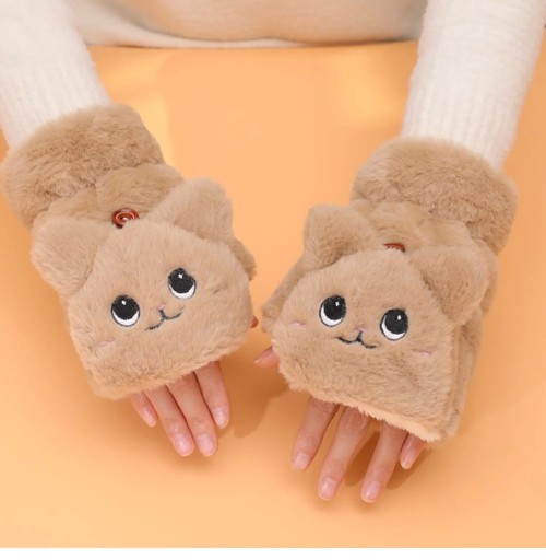 Winter Cat Rabbit Mittens Fingerless Gloves Thick Soft Plush Winter Warm