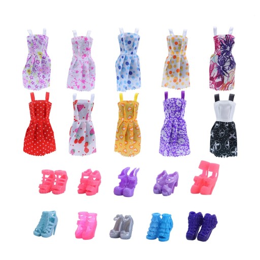 10 ZESTAWÓW SUKIENKI DLA LALKI I 10 PAR BUTY SUKNIA IMPREZOWA