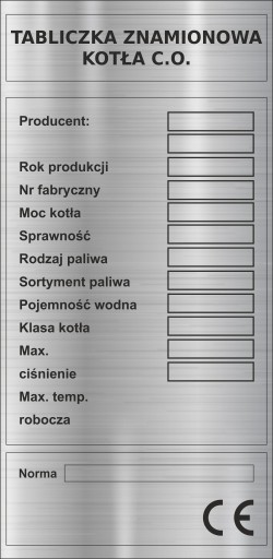 Tabliczka znamionowa Tablica na piec CO kocioł