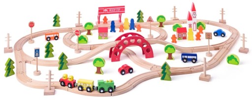 ZABAWKI DLA DZIECI KOLEJKA DREWNIANA Z MOSTEM LOKOMOTYWA WOODYLAND