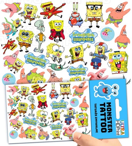 TATUAŻE ZMYWALNE TYMCZASOWE DLA DZIECI DZIECIĘCE SPONGEBOB WZORY ORYGINALNE