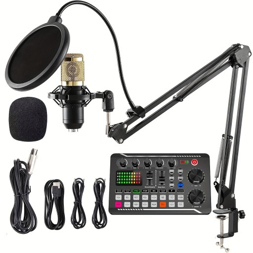 Zestaw sprzętu do podcastów ze stojakiem, mikrofonem pojemnościowym Pro, mikserem audio