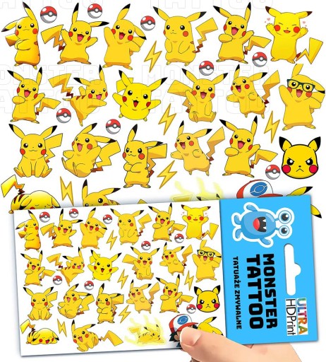 TATUAŻE ZMYWALNE TYMCZASOWE DLA DZIECI DZIECIĘCE PIKACHU WZORY ORYGINALNE