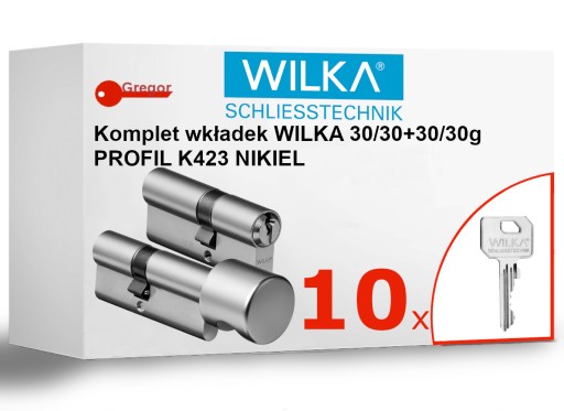 .10 KLUCZY. Komplet wkładek Wilka 30/30+30/30G NIKIEL ATEST K423 +10 kluczy