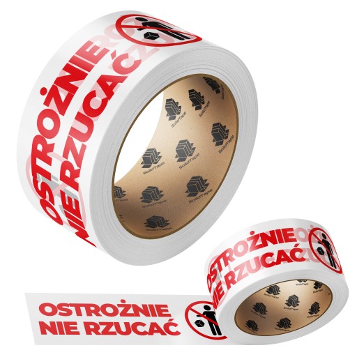 Taśma pakowa klejąca ostrożnie nie rzucać biała 48/66y 60m do pakowania