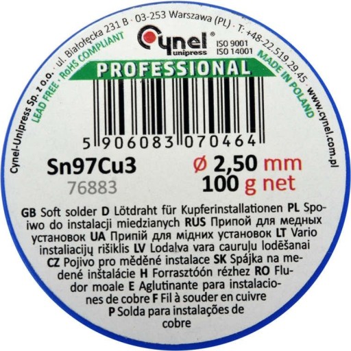 CYNA DO LUTOWANIA MIEDZI SPOIWO DRUT 2,5mm, 100g