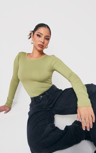 PrettyLittleThing ZIELONE BODY GŁADKIE DŁUGI RĘKAW R.M F554113