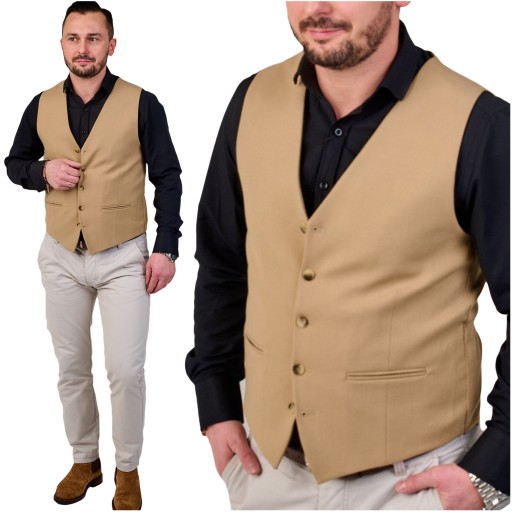 Kamizelka męska elegancka casual wizytowa zapinana beżowa z regulacja 48