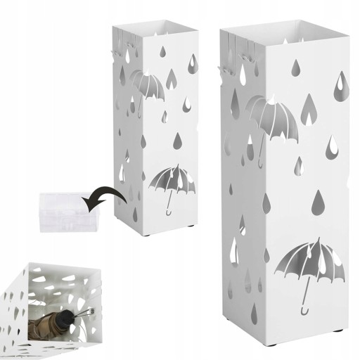 Stojak na parasole METALOWY 15,5x15,5x49 BIAŁY kosz z ociekaczem +HACZYKI