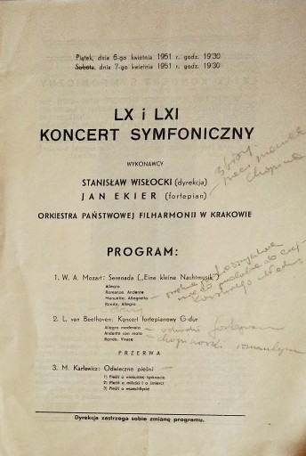 Program LX i LXI Koncert Symfoniczny 1951 r. SPK