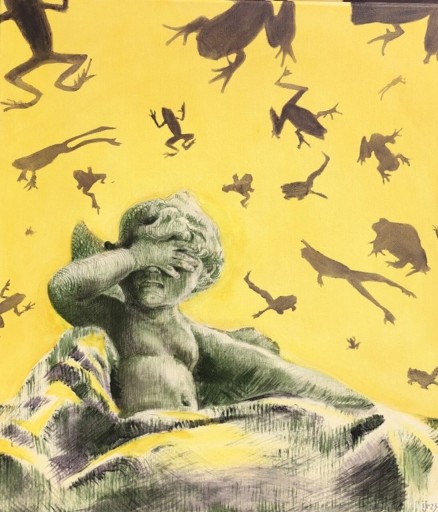 Iryna Lopatiuk, Raining Frogs, akryl, płótno