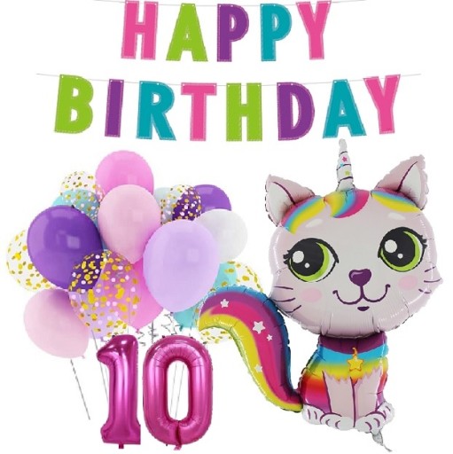 BALONY zestaw z konfetti na urodziny 10 LAT KOTEK