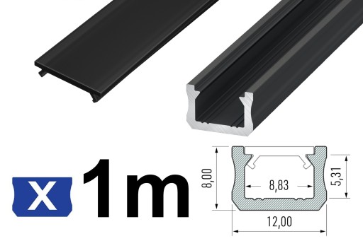 Profil do LED wąski X 1m CZARNY z CZARNYM KLOSZEM