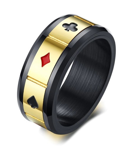 CZARNA ZŁOTA OBRĄCZKA ANTYSTRESOWA SYGNET PIERŚCIEŃ KARTY POKER R17