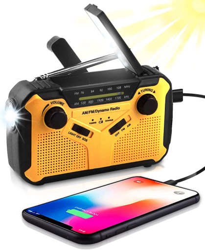 SURVIVALOWE Solarne RADIO na Korbę, Latarka, Powerbank, Awaryjne, FM + SOS