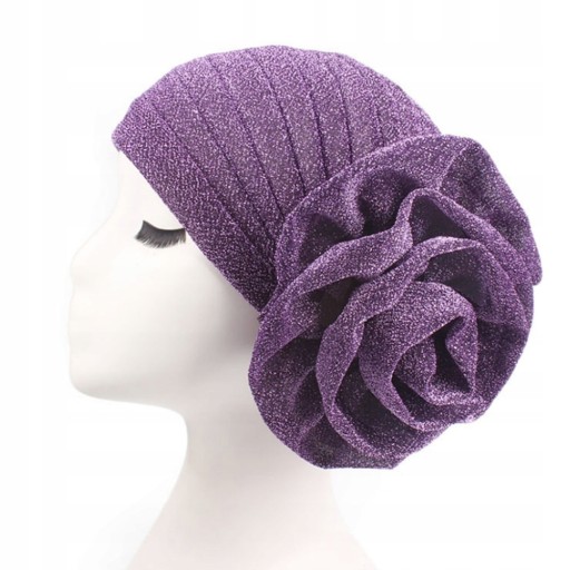 BŁYSZCZĄCY TURBAN CZAPKA MAXI KWIAT FIOLETOWY