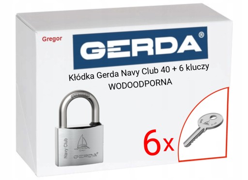 .6 KLUCZY. Kłódka Gerda Navy Club 40 + 6 kluczy WODOODPORNA chromowana