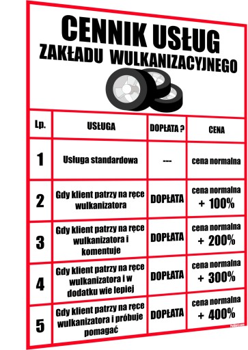 ŻARTOBLIWY CENNIK ZAKŁADU WULKANIZACYJNEGO (s)