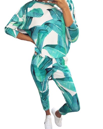 DRES DAMSKI BLUZA SPODNIE KWIATY LIŚCIE
