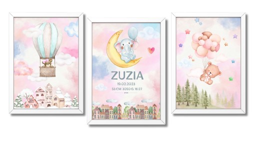 Metryczka dla dziecka plakaty personalizacja A3 30x40 cm 3 sztuki z Ramkami