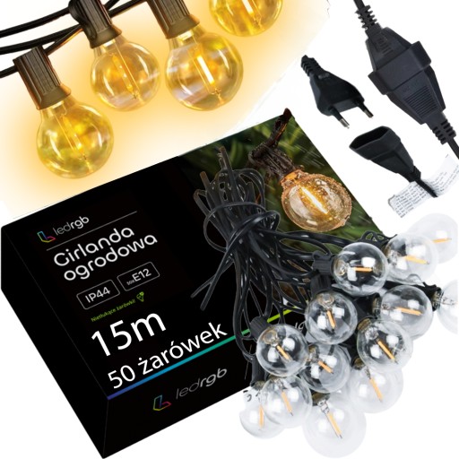 Girlanda Ogrodowa Świetlna 15M 50X LED żarówki E12 wodoszczelna wytrzymała