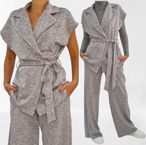 DZIANINOWY MODNY KOMPLET OVERSIZE KAMIZELKA I SPODNIE CASUAL R.48 (36-54)