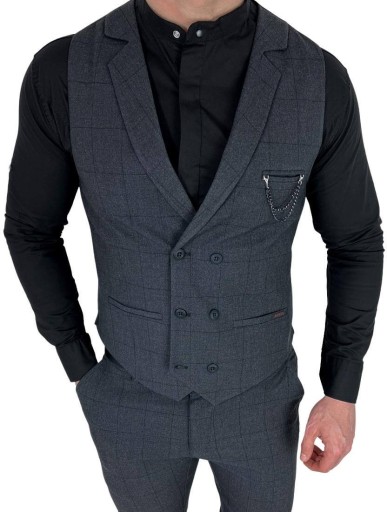 Kamizelka meska ciemnoszara elegancka w czarna krate dwurzedowa 1849 - 2XL