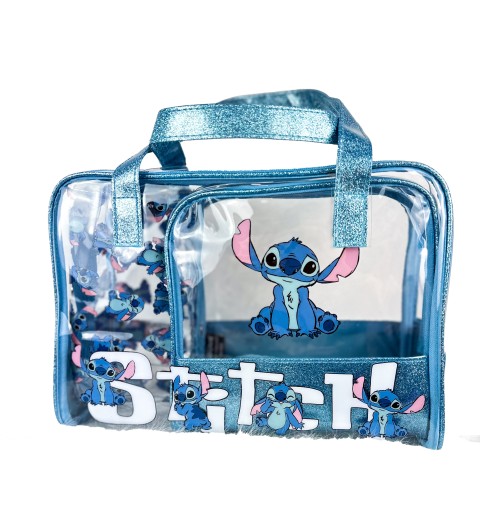 Duży komplet brokatowych kosmetyczek Stich