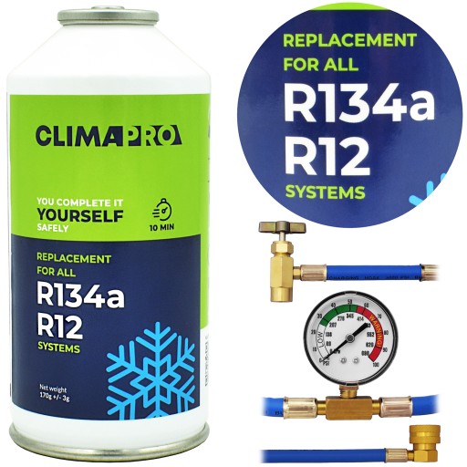 CZYNNIK GAZ DO NABICIA KLIMY CHŁODNICZY R134a UV PUSZKA 170g WĘŻYK MANOMETR