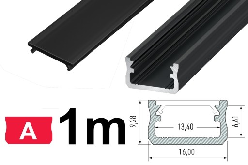 Profil do taśm LED A 1m CZARNY z CZARNYM KLOSZEM