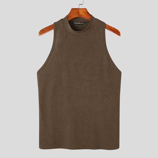 2023 Men Tank Tops Solid Color Turtleneck Sleevele