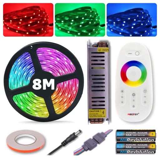 ZESTAW Taśma pasek LED RGB 5050 kolorowa zasilacz + pilot 8M 12V PREMIUM