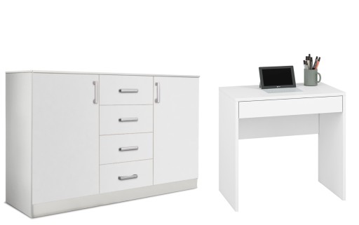 BIAŁY ZESTAW MEBLI - BIURKO 83 cm + KOMODA 150 cm