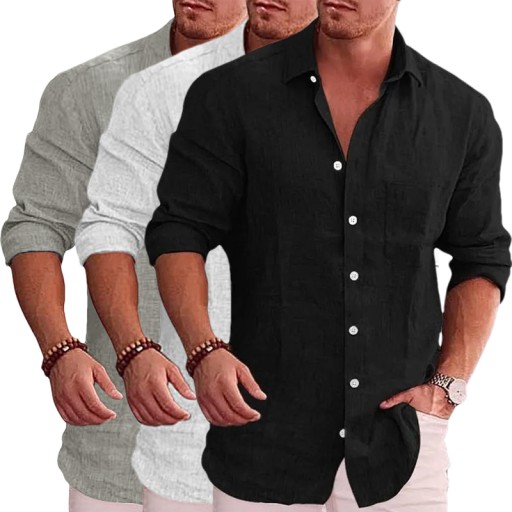 MĘSKA PRZEWIEWNA KOSZULA LNIANA CASUAL KOSZULA DŁUGI RĘKAW Z GUZIKAMI 3PCS
