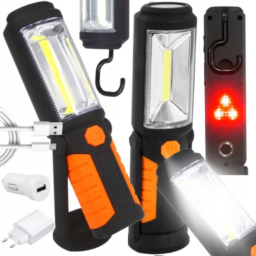 LAMPA WARSZTATOWA LED MOCNA LATARKA MAGNES HAK COB AKUMULATOR USB