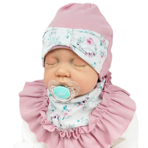 CZAPKA APASZKA różowy komplet w kwiaty r. 40-42