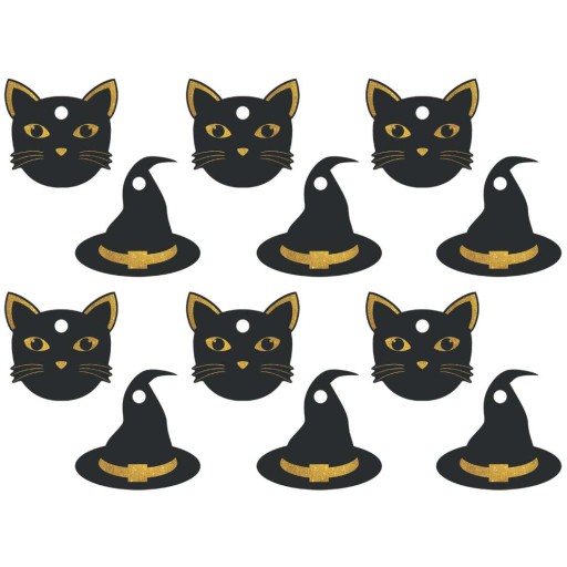 ZAWIESZKI na butelki CZAROWNICA i KOT czarny złoty HALLOWEEN ozdoba 12szt