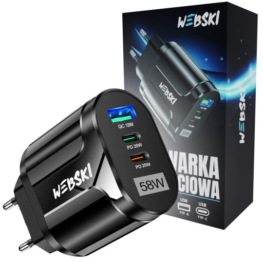 SZYBKA ŁADOWARKA SIECIOWA ZASILACZ 30W 2X USB-C + USB DO TELEFONU TABLETU
