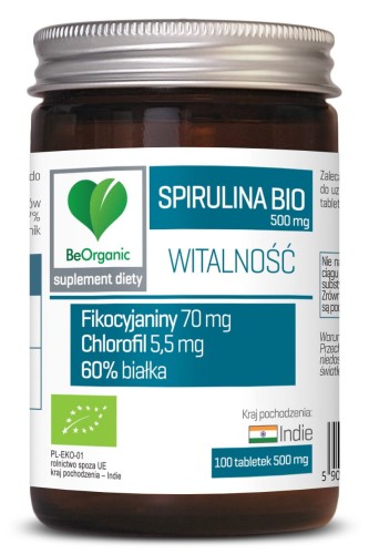 BeOrganic by Aliness Spirulina BIO 500 mg 100 tabletek Zmęczenie Witalność