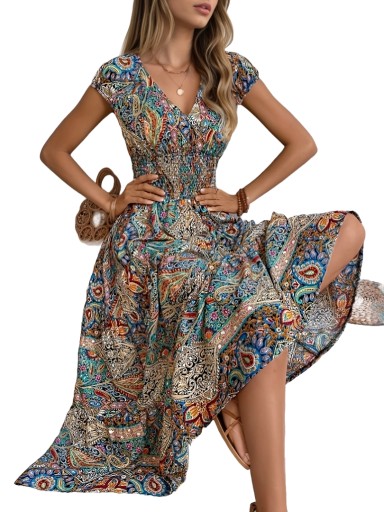 SUKIENKA ELEGANCKA LETNIA DAMSKA ZWIEWNA MAXI W KWIATY LUŹNA, XS