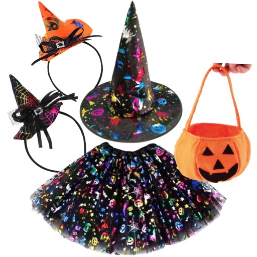 STRÓJ DYNIA NA HALLOWEEN KOSZYK SPÓDNICZKA OPASKA PAJĘCZARKA CZAROWNICA