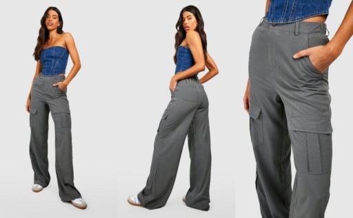 2F1B04 P29 BOOHOO TALL SZARE SPODNIE CARGO WIDE LEG L
