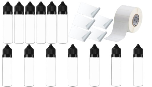 BUTELKA BUTELKI PLASTIKOWE 60ML 100SZT + ETYKIETY