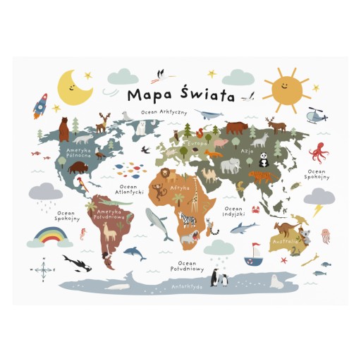 Plakat DUŻA Mapa Świata dla dzieci 40x50 cm PIĘKNA Joachimki
